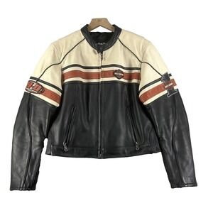 Harley-Davidson Jacket Womens XL Leather Striped Motorcycle HD Flames‎ Racing